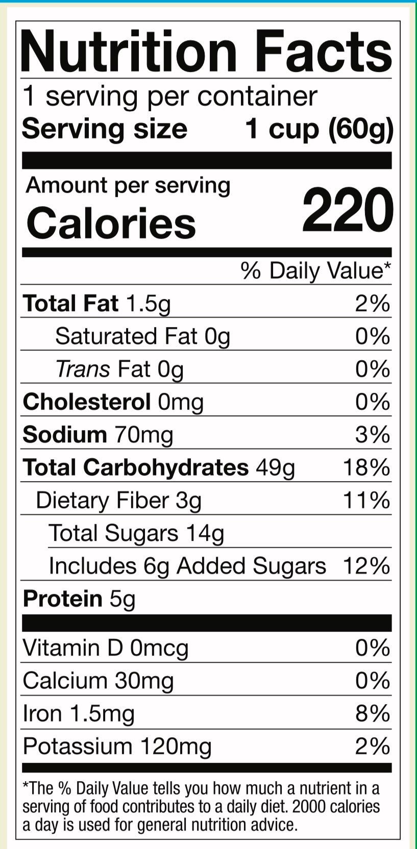 Nutrition facts for Warm Supergrain Cereal Made with Fonio – Maple Bliss Burst